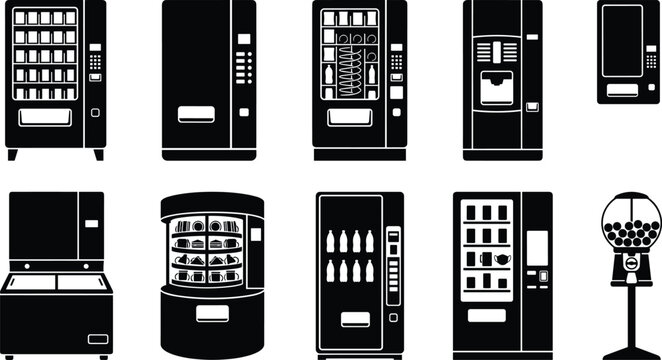 Collection of vending machine silhouettes featuring snack machines, drink dispensers, kiosks, and automated retail units