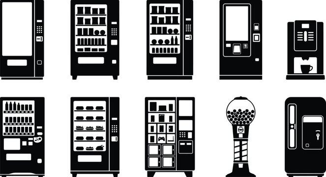 Collection of vending machine silhouettes featuring snack machines, drink dispensers, kiosks, and automated retail units