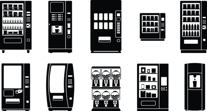 Collection of vending machine silhouettes featuring snack machines, drink dispensers, kiosks, and automated retail units