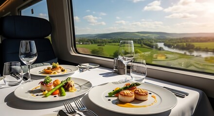 Fototapeta premium A table set with plates of food on a train looking out at a scenic countryside landscape