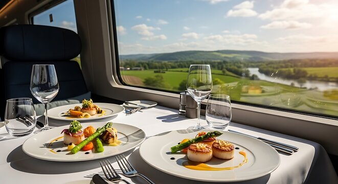 A table set with plates of food on a train looking out at a scenic countryside landscape