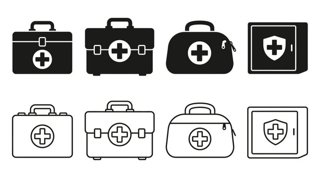 First Aid Kit Silhouettes On White Background Medical Emergency Supplies