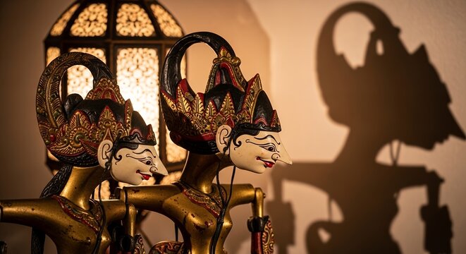 Traditional Javanese Wayang Golek Wooden Puppets with Artistic Shadows and Cultural Heritage Lighting