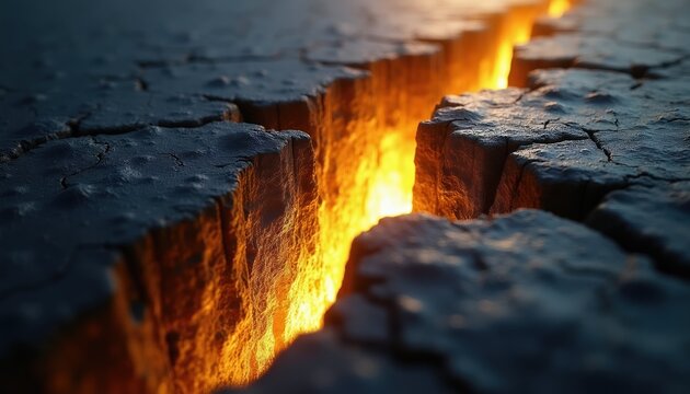 Deep fissure in ground splits dark earth crust. Bright molten lava glow erupts from chasm below. Fiery magma energy bursts forth, creating dramatic geological event.