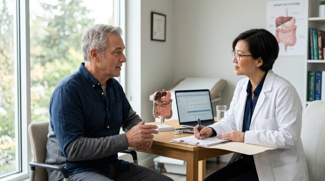 A middle aged man in his 50s sits in a bright medical office and discusses his chronic bloating symptoms with a professional female doctor during a thorough clinical consultation in a hospital room.