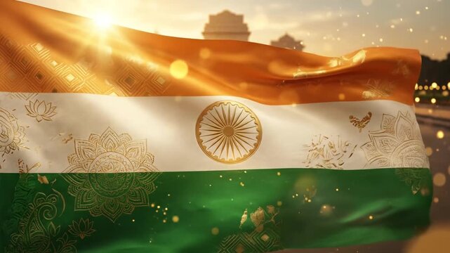 Indian flag flowing gracefully with intricate golden mandala patterns in this high quality cinematic motion video footage for national pride