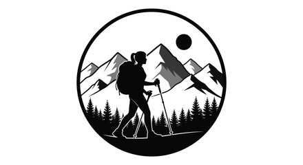 silhouette of a female hiker with mountains and forest circular design silhouette © Laily begum
