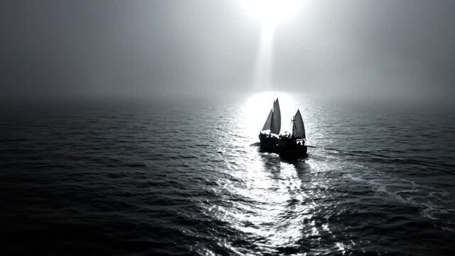 Black and white shot of a sailboat navigating calm ocean water with a bright light reflecting on the surface.