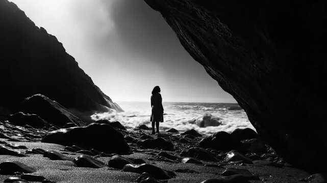 Lone figure standing between dark cliffs and turbulent ocean waves, dramatic monochrome scene