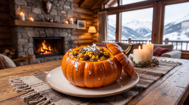 Gourmet Argentine Carbonada en Zapallo served in a hollowed pumpkin, cozy cabin interior