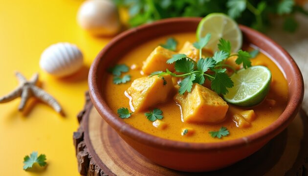 Yellow caribbean curry with conch pieces in bowl. Garnished with lime slices and fresh cilantro leaves. Served on rustic wood slice with blurred beach items backdrop.