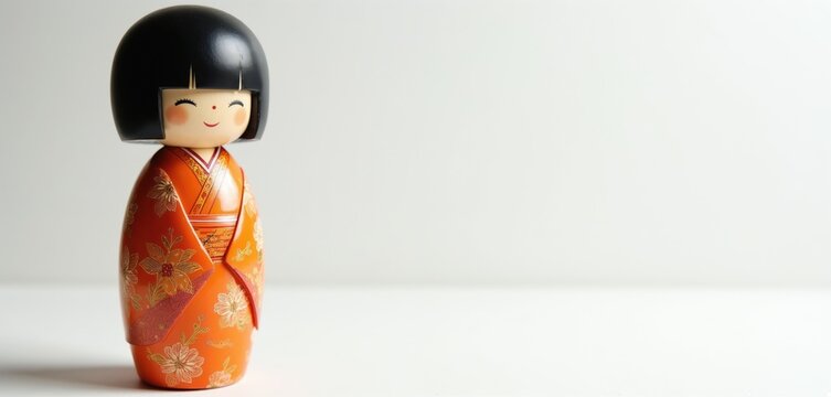 Traditional Japanese wooden kokeshi doll with black hair and smiling face wearing orange floral kimono. Clean studio white background. Simple folk art.