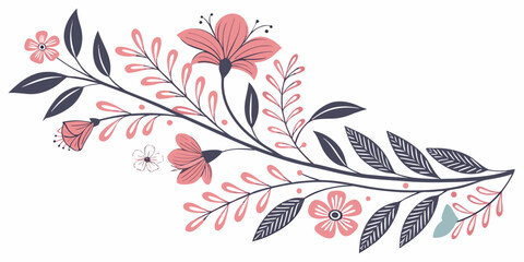 Elegant floral branch corner element with soft pink flowers blossoms botanical ornament illustration decorative blooming arrangement invitation greeting isolated background composition © AC