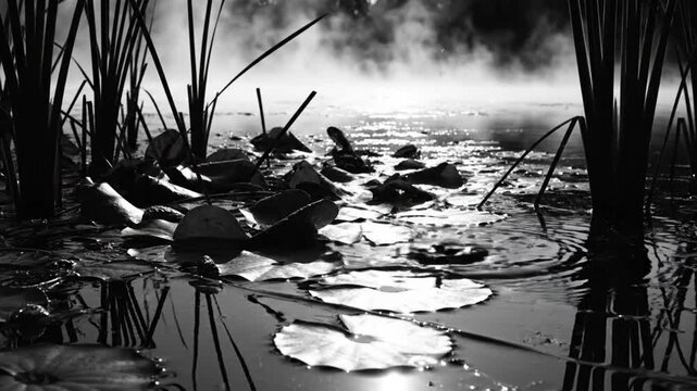 Black and white view of a lily pad pond with tall reeds and misty waterscape on a tranquil morning