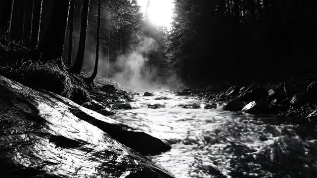 Mystical black and white forest scene with a rushing river and atmospheric fog amidst the trees