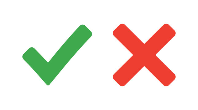 Green checkmark and red cross symbols flat vector silhouettes on white background