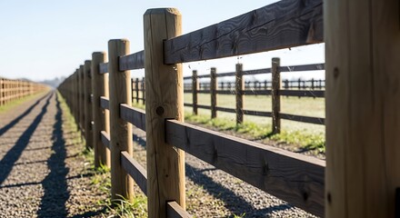 Obraz premium Long wooden fence along a gravel path in a rural landscape