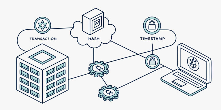 Isometric digital technology infrastructure and data security concept illustration with technology blockchain security cryptography connection infrastructure isometric business computer