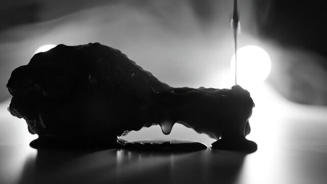 Black and White Food Art Video of Liquid Pouring onto Chicken Drumstick with Dramatic Lighting