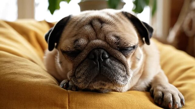 Cute pug dog rests comfortably on a yellow beanbag in a cozy living room, relaxing and falling asleep peacefully