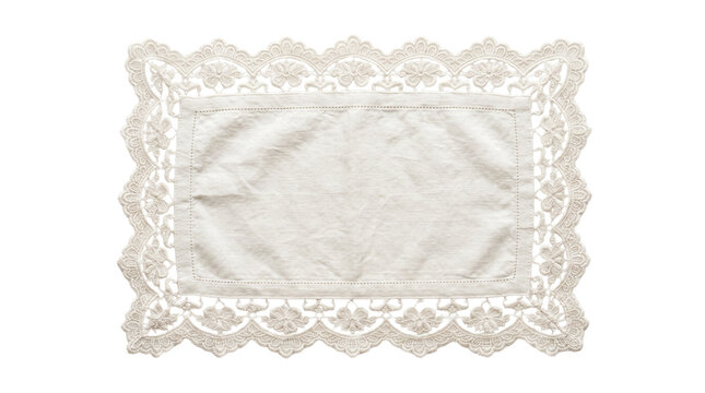 Vintage white lace doily placemat transparent PNG, isolated embroidered fabric cutout for wedding stationery design