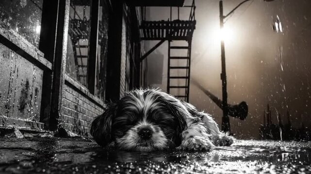 Black and white portrait of a small dog lying on wet pavement in a rainy urban environment at night