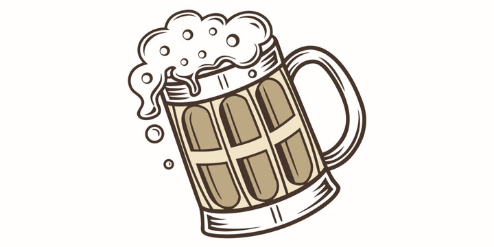 Full mug of cold beer with thick foam and bubbles hand drawn vector illustration beverage refreshment illustration isolated background drinkable overflowing refreshing lagerbeer carbonated