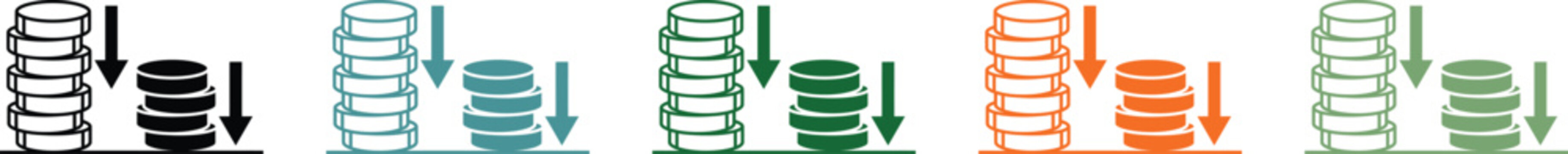 Coin stack icons with downward arrows showing financial loss or decreasing value in various colorful flat vector designs