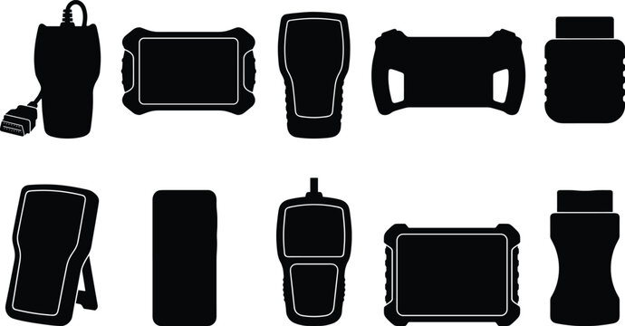 Collection of portable device silhouettes featuring handheld meters, tablets, bags, scanners, and inspection electronics