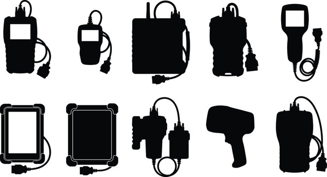 Collection of portable device silhouettes featuring handheld meters, tablets, bags, scanners, and inspection electronics