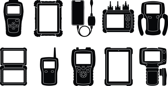Collection of portable device silhouettes featuring handheld meters, tablets, bags, scanners, and inspection electronics