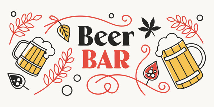 Beer bar graphic illustration with frothy mugs and botanical elements beverage illustration template ornamental decorative botanical refreshment celebration nightlife entertainment branding