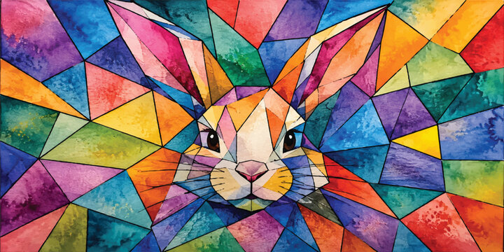 Colorful Geometric Rabbit Portrait Watercolor Mosaic Illustration