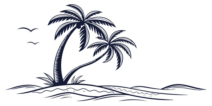 Linear vector illustration of two palm trees on tropical beach with tropical landscape vacation paradise silhouette illustration environment outdoors background minimalist coastline