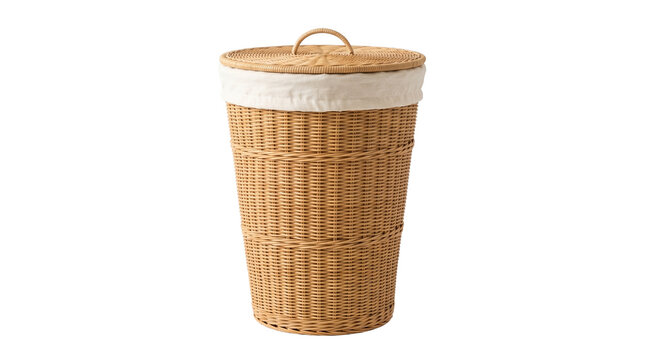Wicker laundry hamper basket transparent PNG isolated home storage container cutout with lid and fabric liner