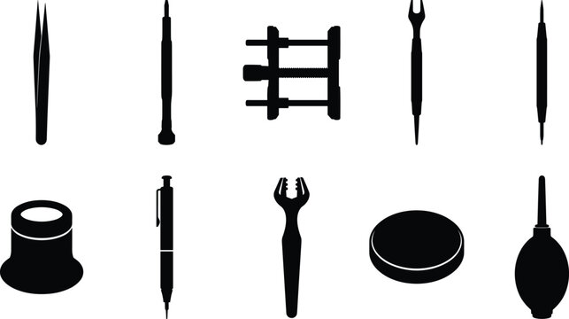 Collection of small tool and utensil silhouettes featuring knives, forks, pliers, awls, scissors, and handheld accessories