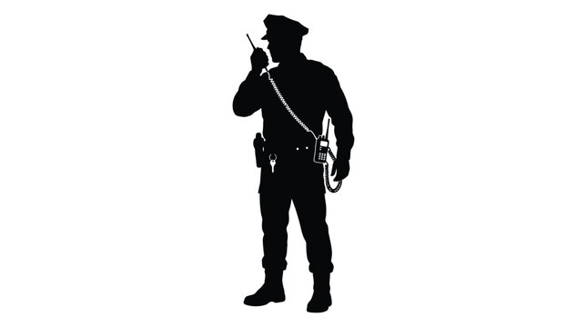 Security guard standing with radio communication device black silhouette officer watchman protector