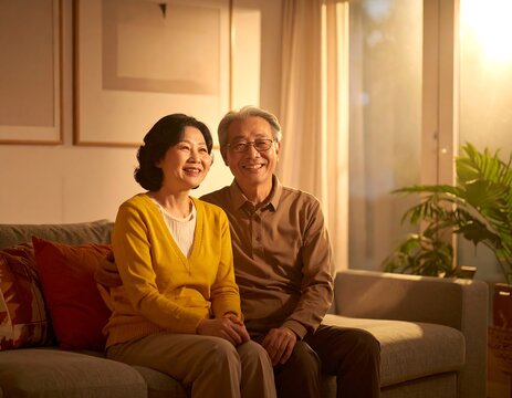 Smiling older couple sitting on a sofa in a warmly lit living room