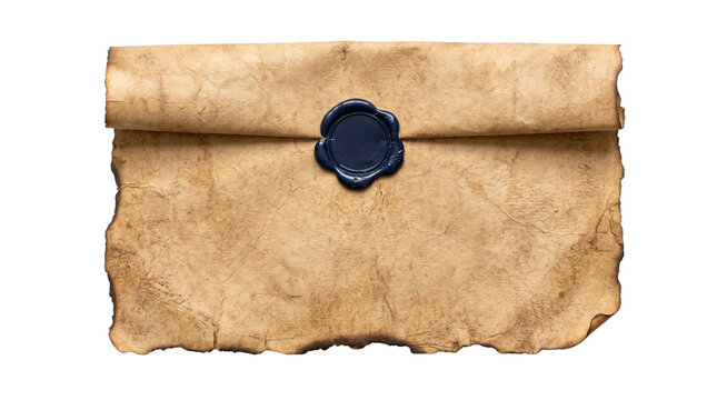 Vintage parchment envelope with blue wax seal transparent PNG isolated antique document cutout for design