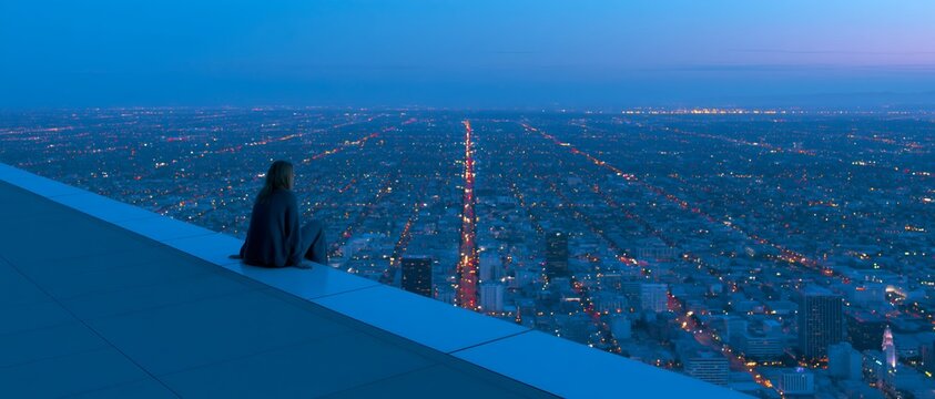 Silhouetted lone figure perched on a towering city ledge at dusk. 64k 8k widescreen, HDR,
