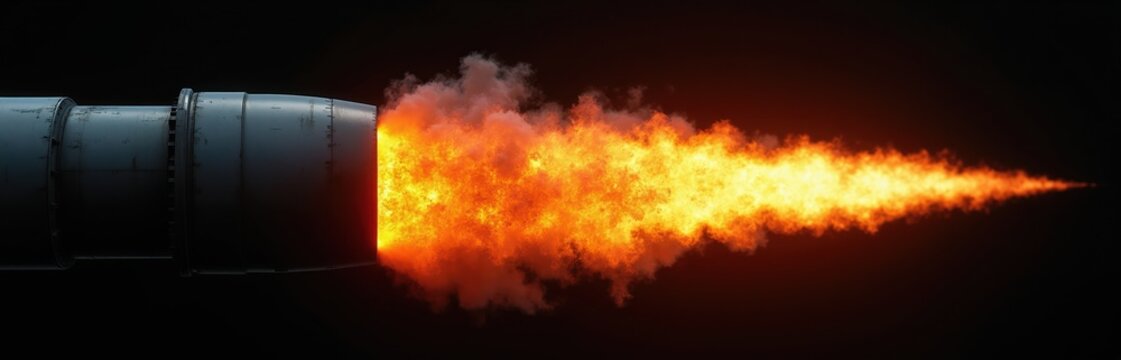 Rocket engine exhaust shows bright fiery jet stream. Powerful thrust pushes forward from metal nozzle. Spacecraft propulsion creates intense orange and yellow flames on black background.