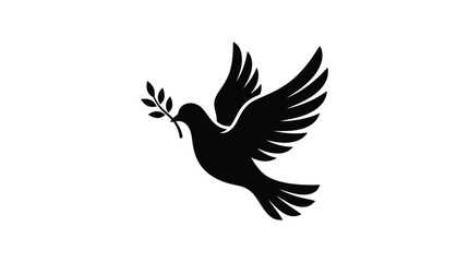 Fototapeta premium Flying dove with olive branch black silhouette against a white background silhouette