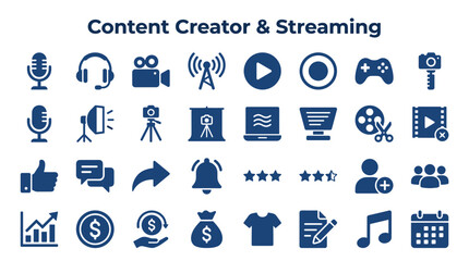 Fototapeta premium Content Creator and Streaming Icons Set Digital Media Production Equipment and Online Broadcast Symbols
