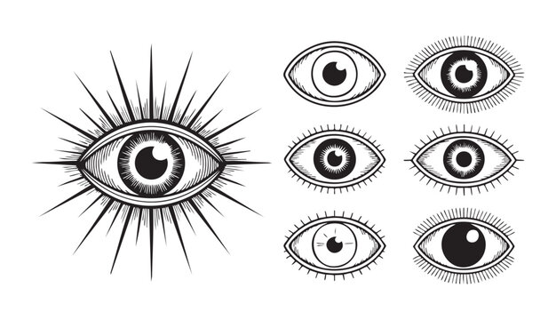 Vintage style eye symbols collection featuring detailed rays and iris patterns for artistic designs.