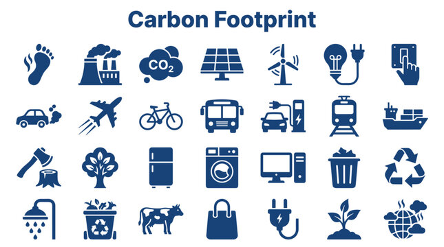 Carbon Footprint Icons Collection Representing Environmental Impact and Sustainability Solutions