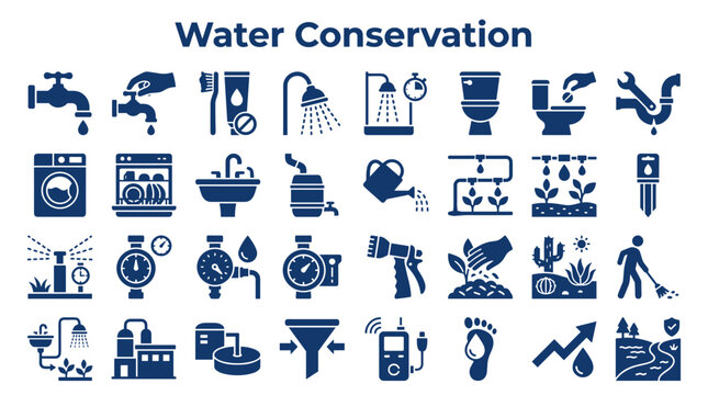 Water conservation icons showing responsible water usage for sustainability and environmental protection