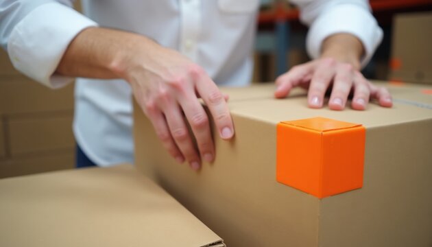 Person secures package with orange corner protectors. Cardboard boxes ready for shipment or moving. Secure delivery and storage solutions are important.