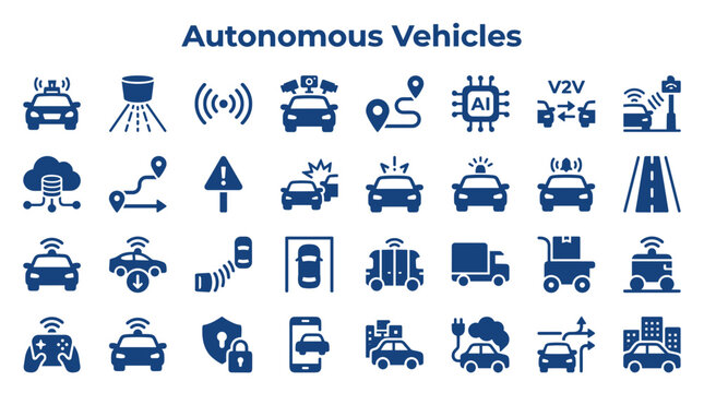 Set of icons representing autonomous vehicles technology and artificial intelligence for smart transportation and future mobility concepts