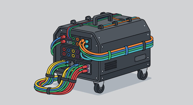 Portable industrial power station with colorful cables plugged into multiple ports on a mobile server unit featuring a handle and wheels for easy transport in technical environments