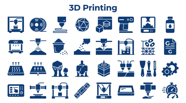 3D Printing Technology Icons Set Modern Manufacturing Additive Manufacturing Innovation Digital Fabrication Concepts